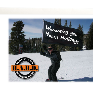 Image of guy skiing with flag that says Whoosing you happy holiday's